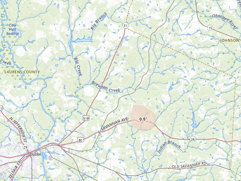 Radar-estimated hail-size map of the storm over East Dublin, GA on Aug 11, 2026
