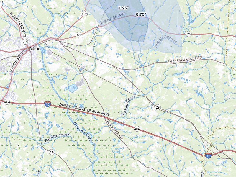 NEXRAD radar-signature map of the hail storm over East Dublin, GA on Aug 11, 2026