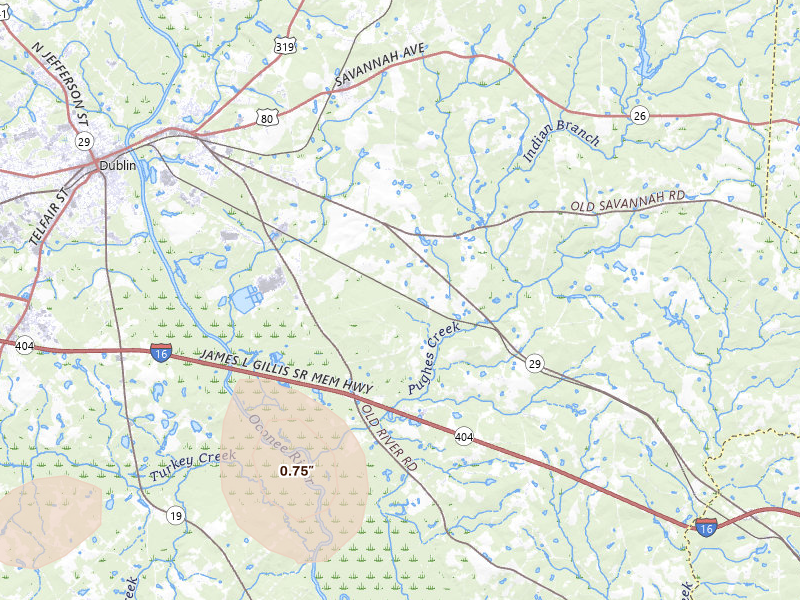 Radar-estimated hail-size map of the storm over East Dublin, GA on Aug 13, 2026