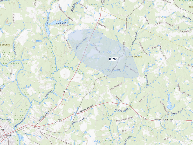 NEXRAD radar-signature map of the hail storm over East Dublin, GA on Aug 13, 2026