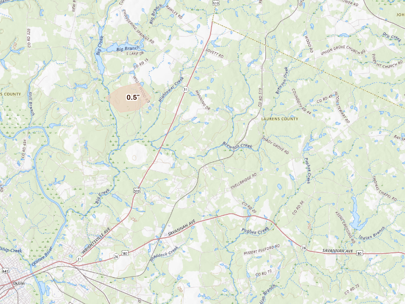 Radar-estimated hail-size map of the storm over East Dublin, GA