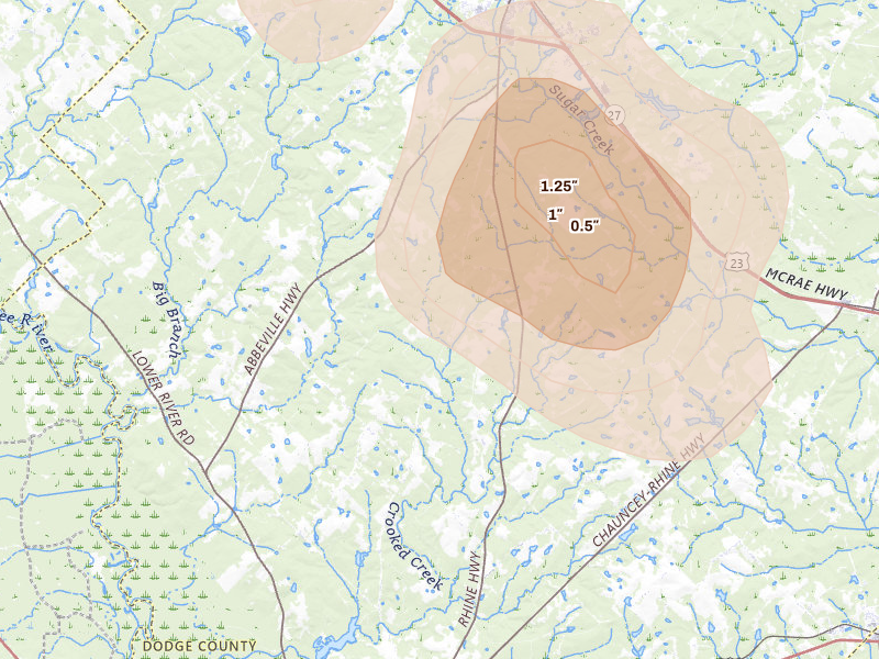 Radar-estimated hail-size map of the storm over Eastman, GA on May 17, 2026