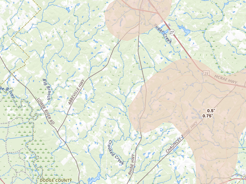 Radar-estimated hail-size map of the storm over Eastman, GA on May 22, 2026