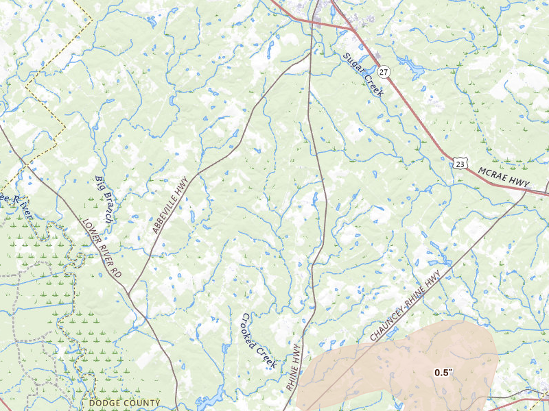 Radar-estimated hail-size map of the storm over Eastman, GA on Jul 9, 2026