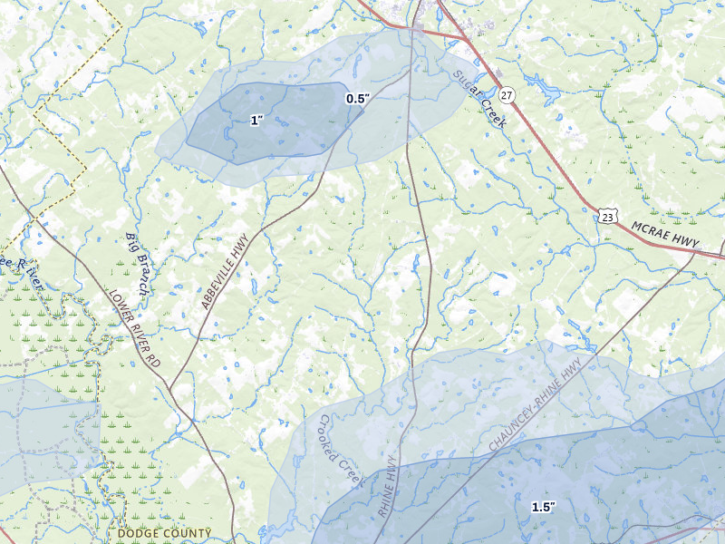 NEXRAD radar-signature map of the hail storm over Eastman, GA on Jul 9, 2026