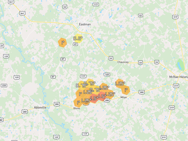Hail map of Eastman, GA on Jul 9, 2026, hail up to 1.5"