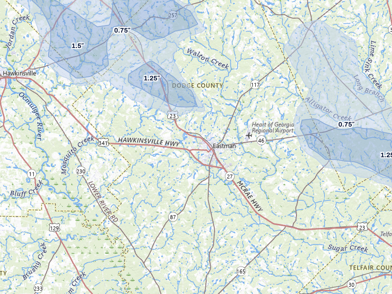NEXRAD radar-signature map of the hail storm over Eastman, GA on Aug 6, 2026