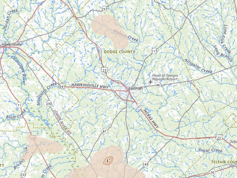 Radar-estimated hail-size map of the storm over Eastman, GA on Aug 11, 2026