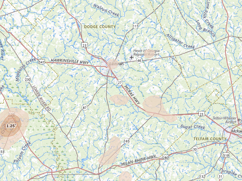 Radar-estimated hail-size map of the storm over Eastman, GA on Aug 21, 2026