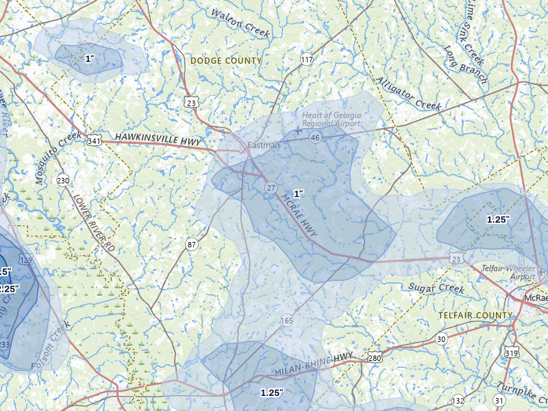 NEXRAD radar-signature map of the hail storm over Eastman, GA on Aug 21, 2026