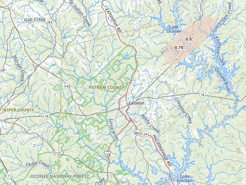 Radar-estimated hail-size map of the storm over Eatonton, GA on Jun 18, 2026