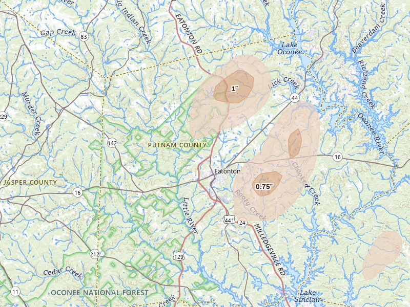 Radar-estimated hail-size map of the storm over Eatonton, GA on Jun 29, 2026