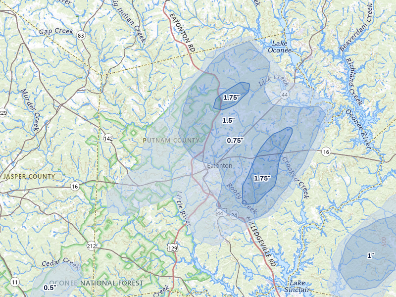 NEXRAD radar-signature map of the hail storm over Eatonton, GA on Jun 29, 2026