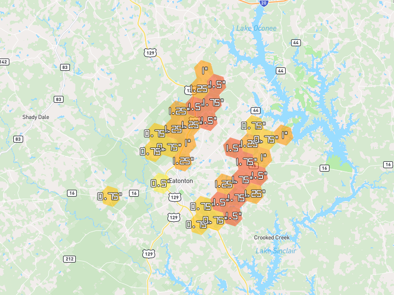 Hail map of Eatonton, GA on Jun 29, 2026, hail up to 1.75"