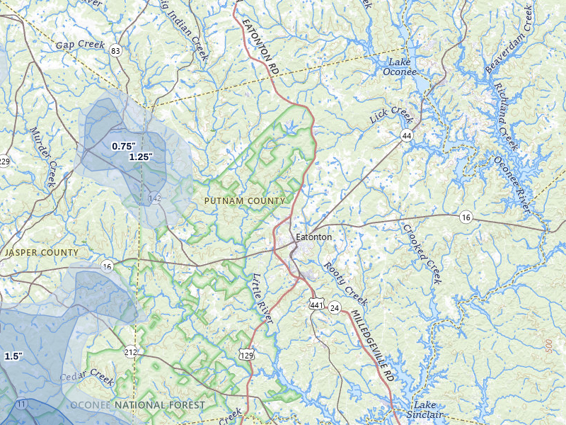 NEXRAD radar-signature map of the hail storm over Eatonton, GA on Jul 9, 2026