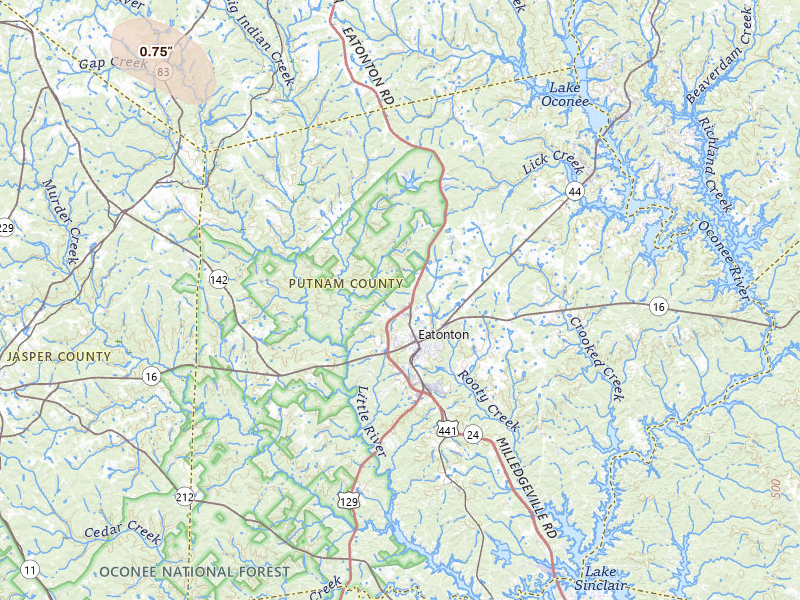 Radar-estimated hail-size map of the storm over Eatonton, GA on Jul 11, 2026