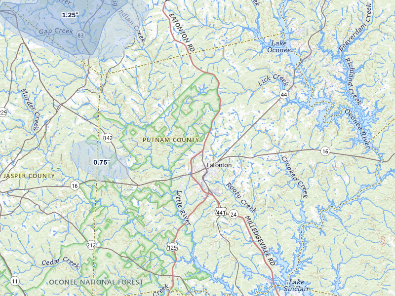 NEXRAD radar-signature map of the hail storm over Eatonton, GA on Jul 11, 2026
