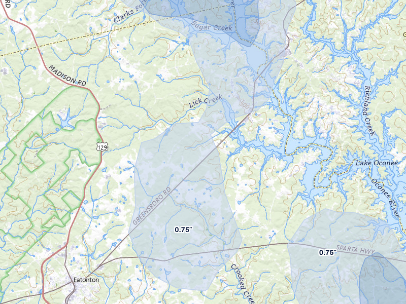 NEXRAD radar-signature map of the hail storm over Eatonton, GA on Aug 11, 2026