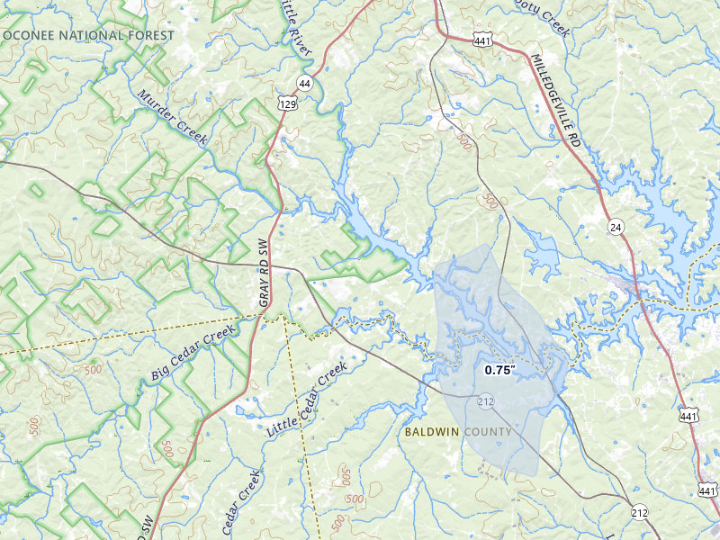 NEXRAD radar-signature map of the hail storm over Eatonton, GA on Aug 16, 2026