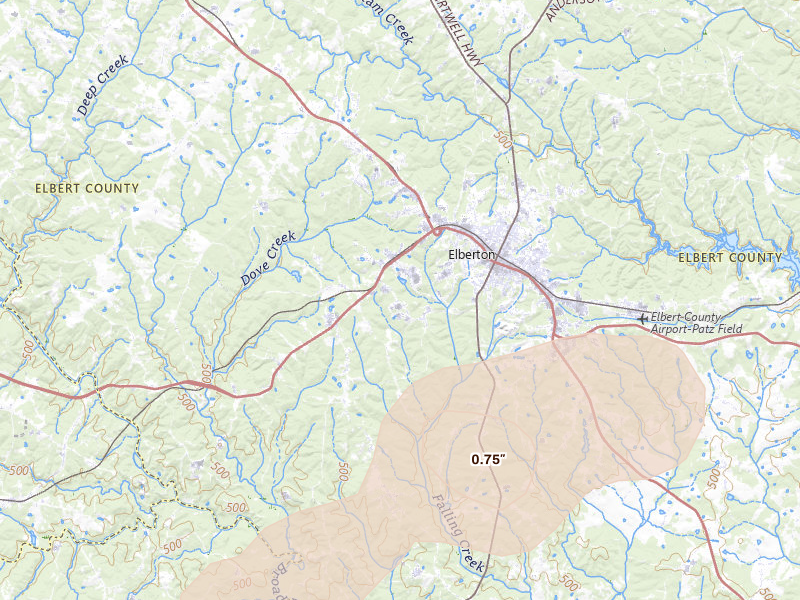 Radar-estimated hail-size map of the storm over Elberton, GA on Mar 6, 2026