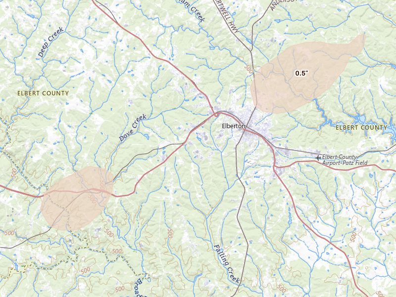 Radar-estimated hail-size map of the storm over Elberton, GA on May 24, 2026