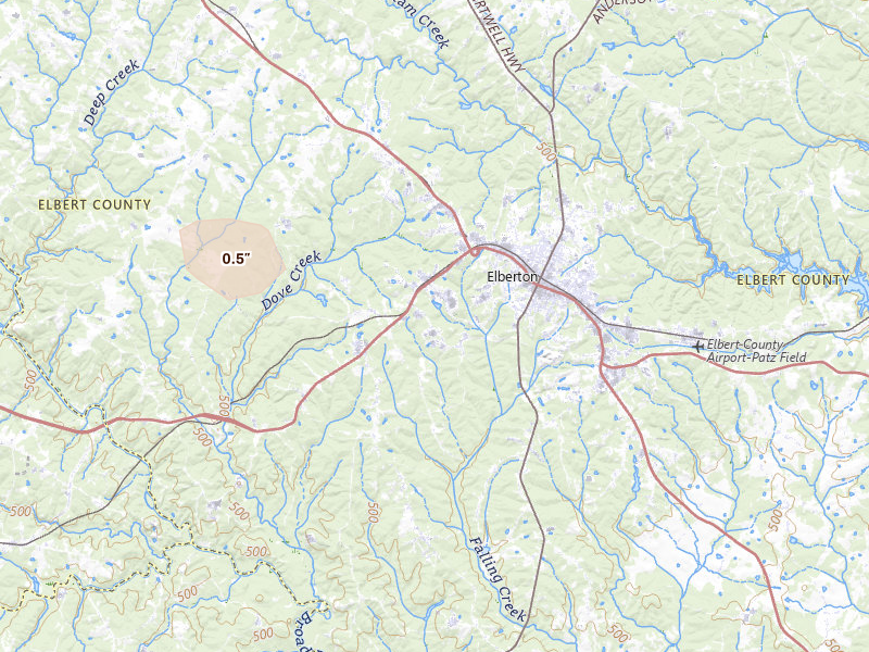 Radar-estimated hail-size map of the storm over Elberton, GA on Jul 10, 2026