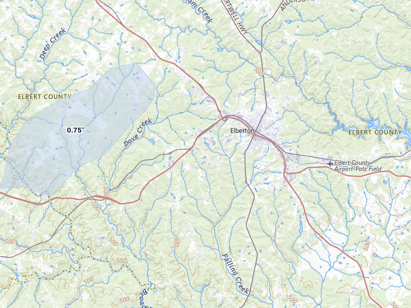 NEXRAD radar-signature map of the hail storm over Elberton, GA on Jul 10, 2026