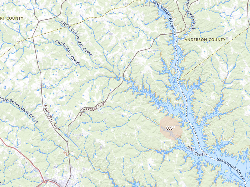 Radar-estimated hail-size map of the storm over Elberton, GA on Aug 13, 2026