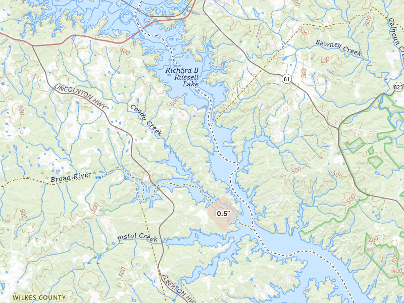 Radar-estimated hail-size map of the storm over Elberton, GA on Aug 14, 2026