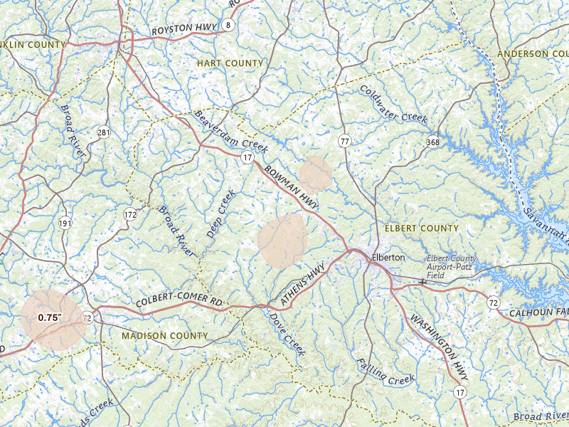 Radar-estimated hail-size map of the storm over Elberton, GA