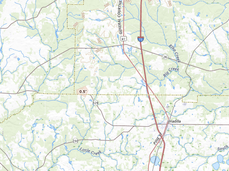 Radar-estimated hail-size map of the storm over Elko, GA on May 23, 2026