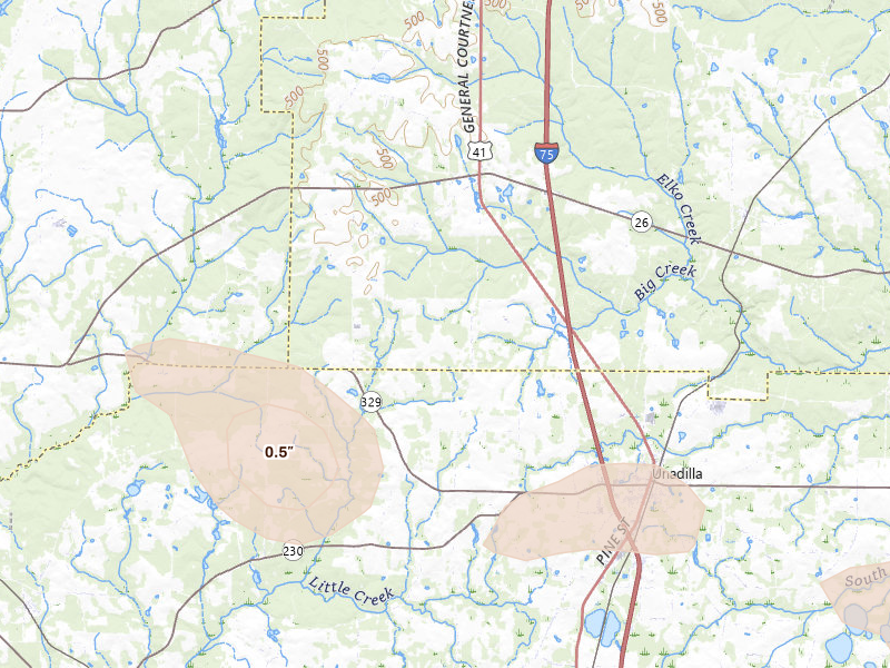 Radar-estimated hail-size map of the storm over Elko, GA on Jun 20, 2026
