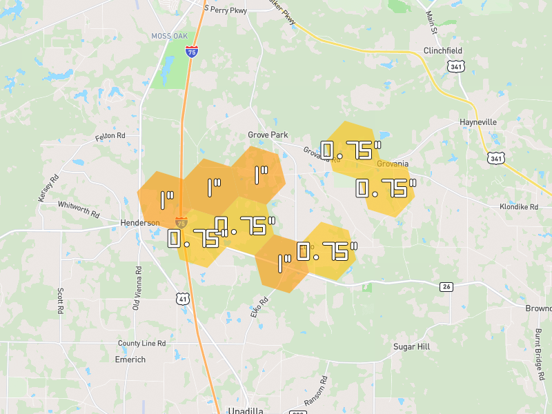 Hail map of Elko, GA on Jul 9, 2026, hail up to 1"