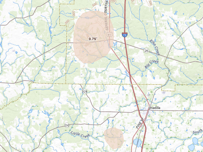 Radar-estimated hail-size map of the storm over Elko, GA on Aug 6, 2026