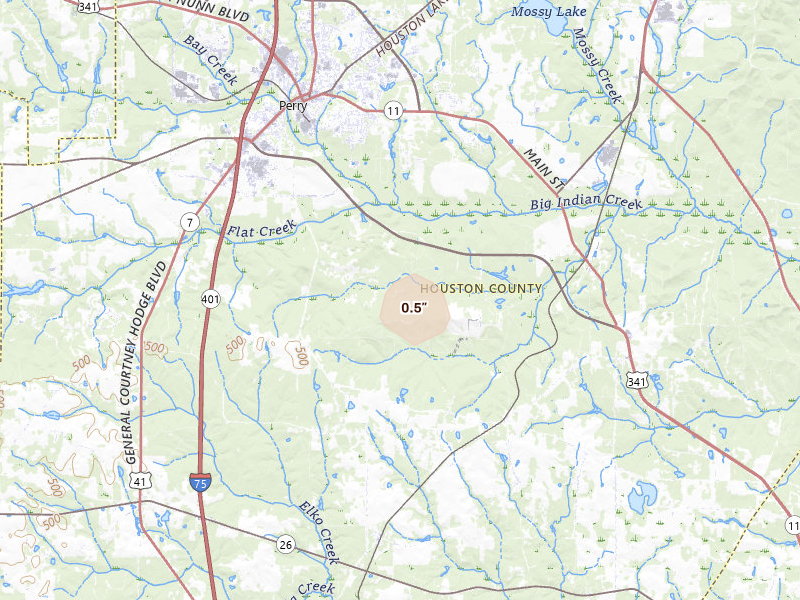 Radar-estimated hail-size map of the storm over Elko, GA on Aug 14, 2026