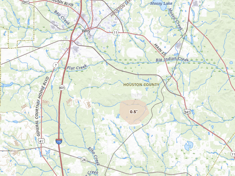 Radar-estimated hail-size map of the storm over Elko, GA on Aug 21, 2026