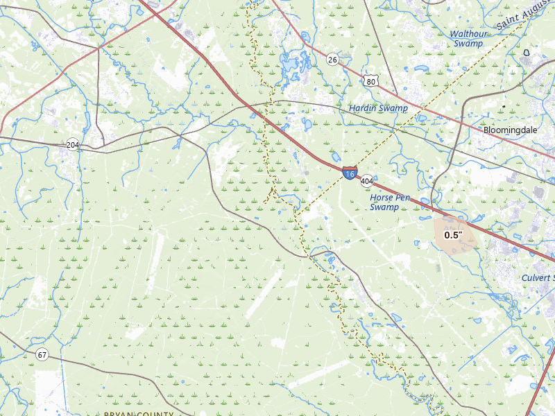 Radar-estimated hail-size map of the storm over Ellabell, GA on Jul 9, 2026