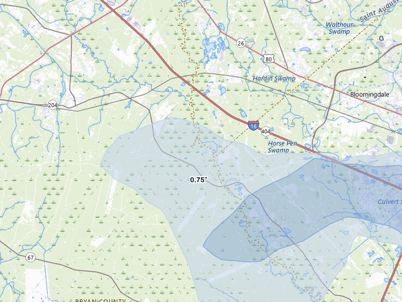 NEXRAD radar-signature map of the hail storm over Ellabell, GA on Jul 9, 2026
