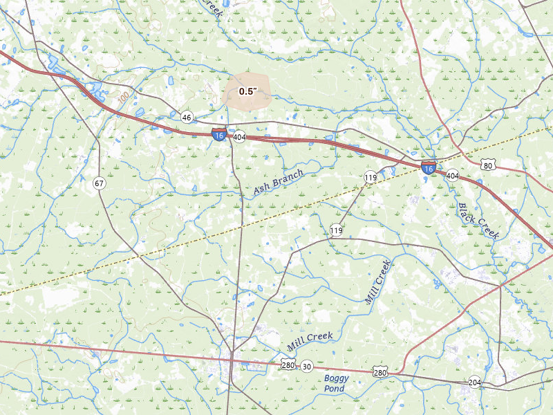 Radar-estimated hail-size map of the storm over Ellabell, GA on Aug 22, 2026