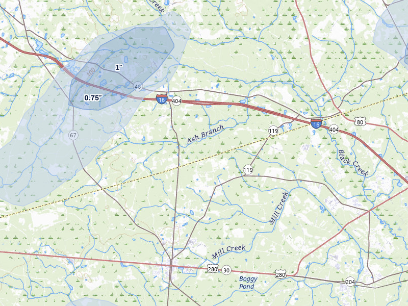 NEXRAD radar-signature map of the hail storm over Ellabell, GA on Aug 22, 2026