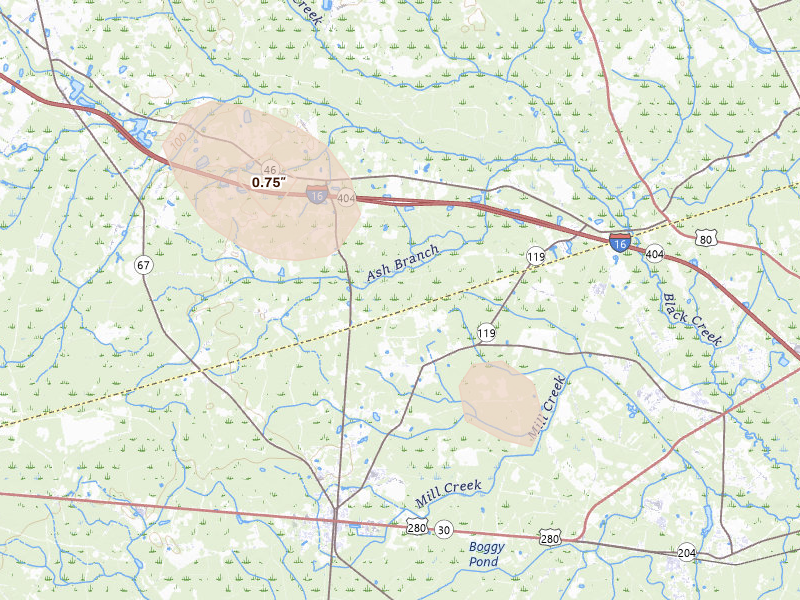 Radar-estimated hail-size map of the storm over Ellabell, GA on Aug 25, 2026