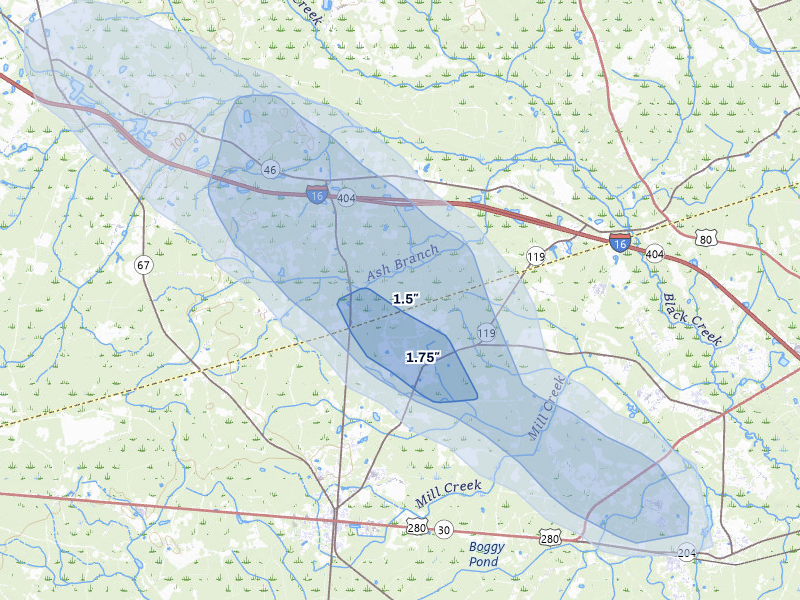NEXRAD radar-signature map of the hail storm over Ellabell, GA on Aug 25, 2026