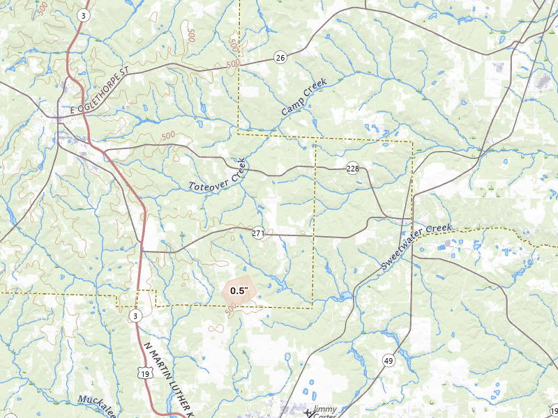 Radar-estimated hail-size map of the storm over Ellaville, GA on May 24, 2026
