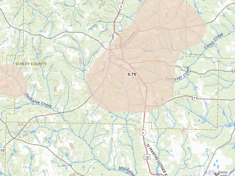 Radar-estimated hail-size map of the storm over Ellaville, GA on Aug 11, 2026