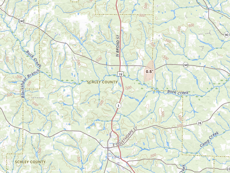 Radar-estimated hail-size map of the storm over Ellaville, GA on Aug 25, 2026