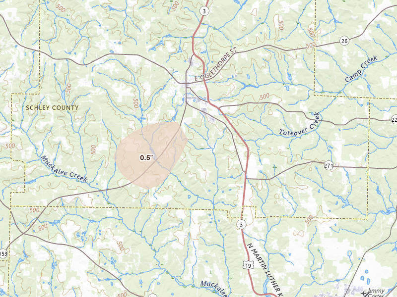Radar-estimated hail-size map of the storm over Ellaville, GA