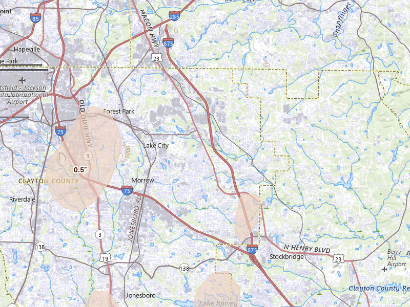 Radar-estimated hail-size map of the storm over Ellenwood, GA on May 17, 2026
