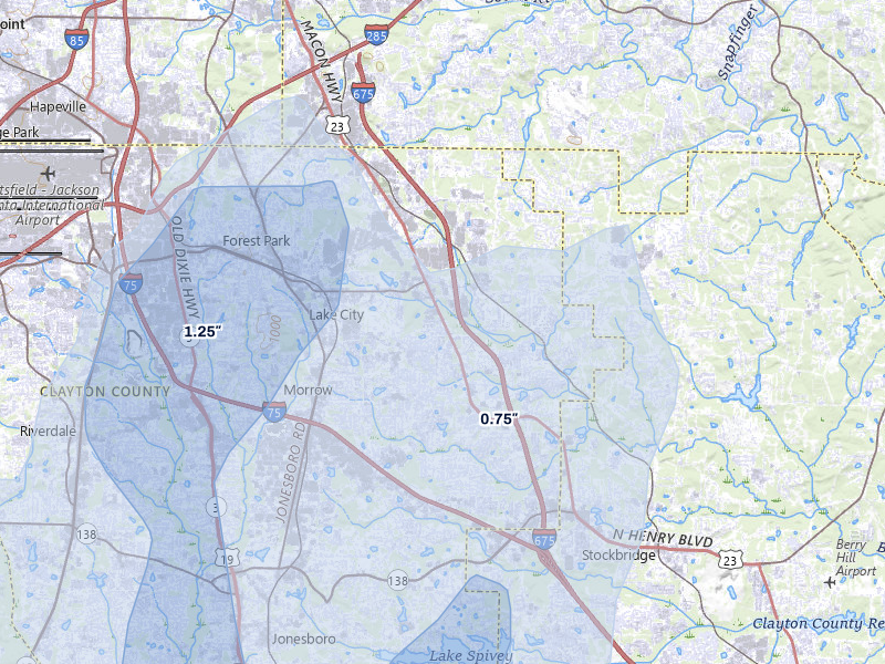 NEXRAD radar-signature map of the hail storm over Ellenwood, GA on May 17, 2026