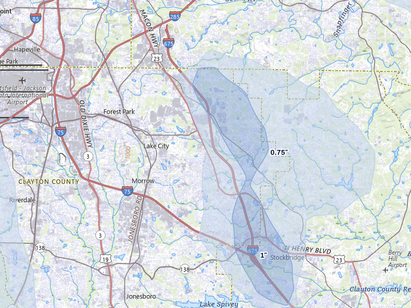 NEXRAD radar-signature map of the hail storm over Ellenwood, GA on Jul 28, 2026