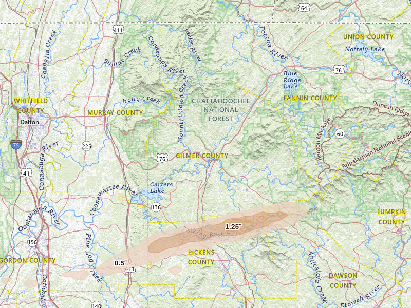 Radar-estimated hail-size map of the storm over Ellijay, GA on Feb 26, 2026